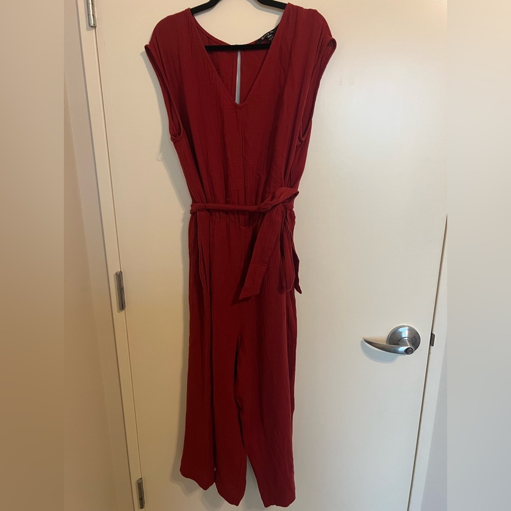 Red Linen Jumpsuit With Tie